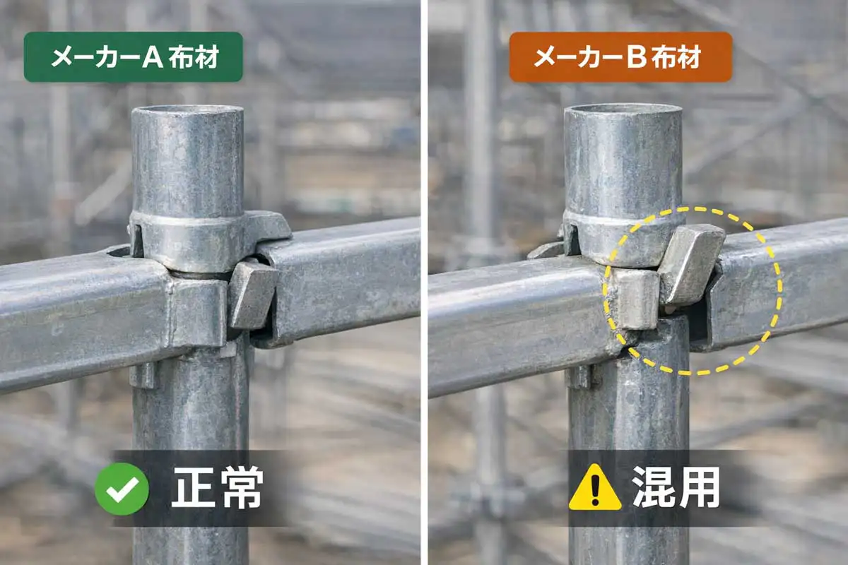 メーカーAの支柱とメーカーBの布材を混用した場合に、くさびの掛かりが浅くなる様子を比較した足場の接合部写真