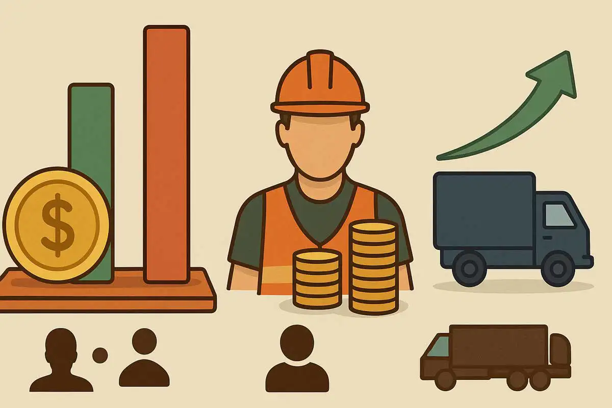 「足場工事にかかる材料費・人件費・運搬コストを示すイメージイラスト。作業員、トラック、コイン、棒グラフなどが並び、コスト構造を視覚的に説明している」