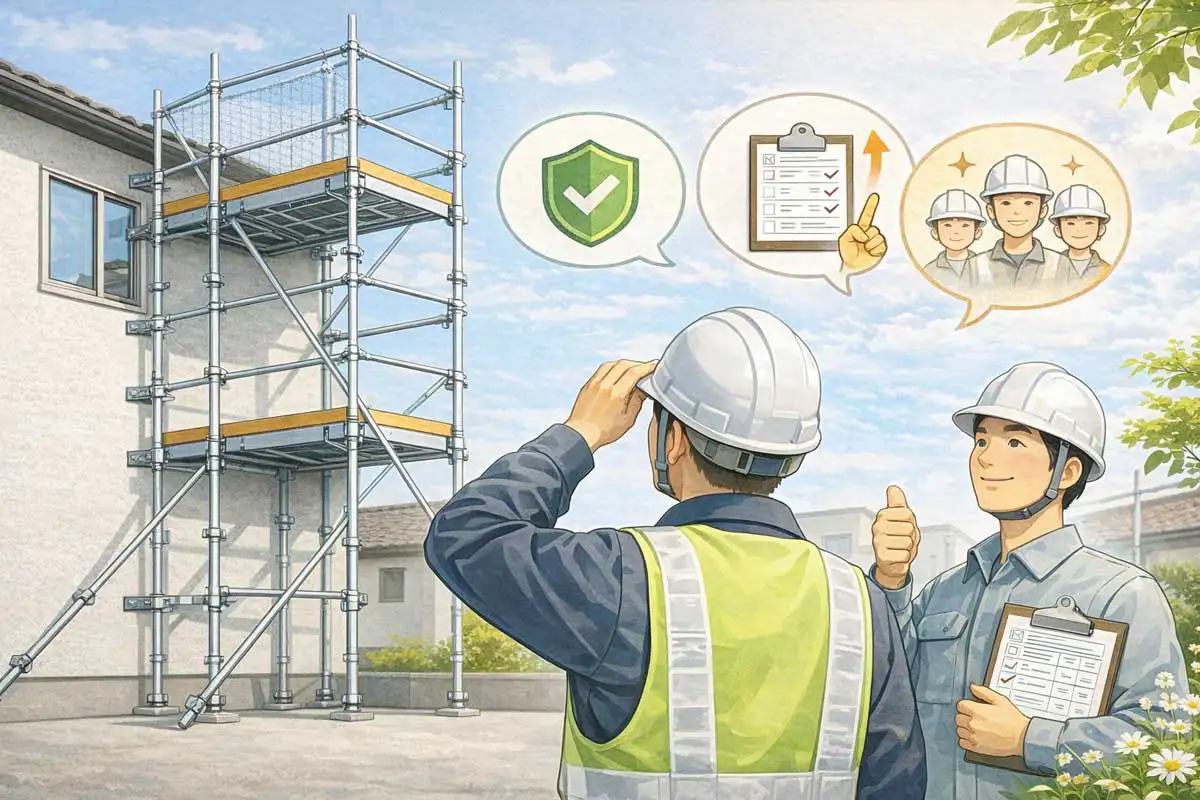 一側足場を前に現場監督と作業員が安全確認を行い、点検結果に納得して作業に臨む様子