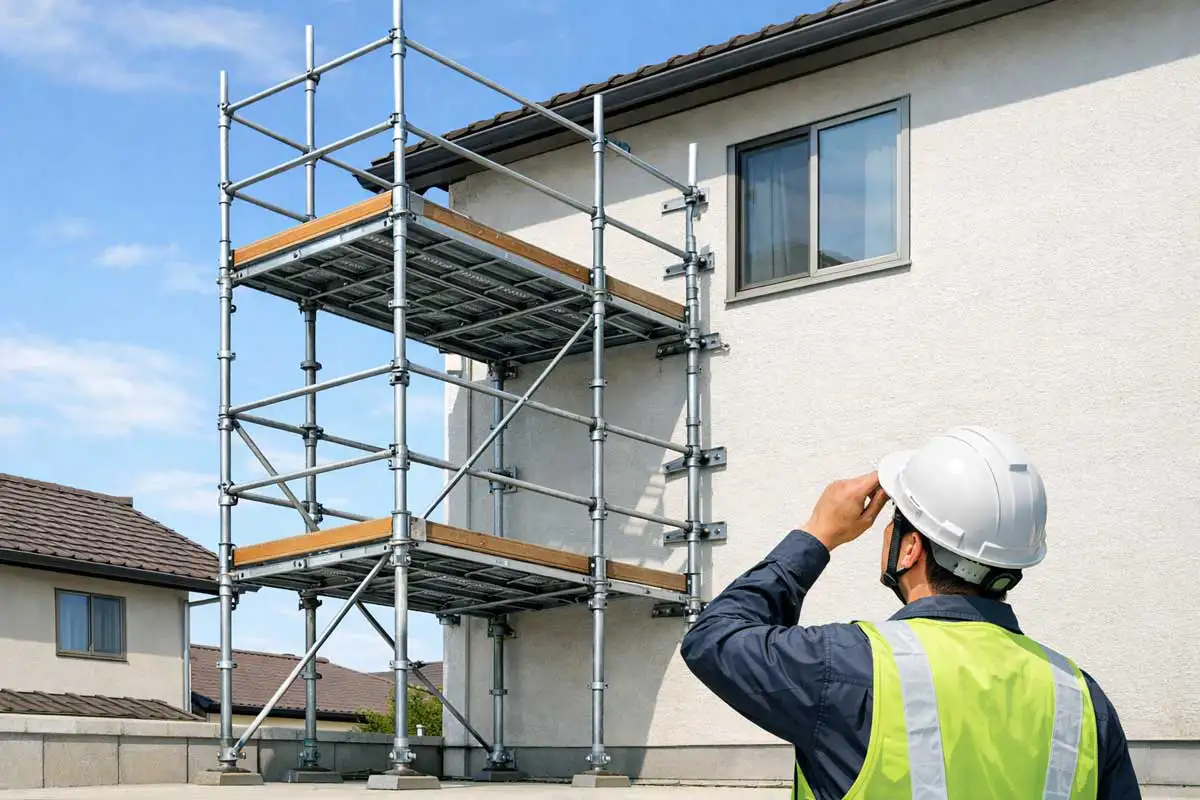 住宅外壁に設置された一側足場を現場監督が下から確認し、壁つなぎの状態を点検している様子