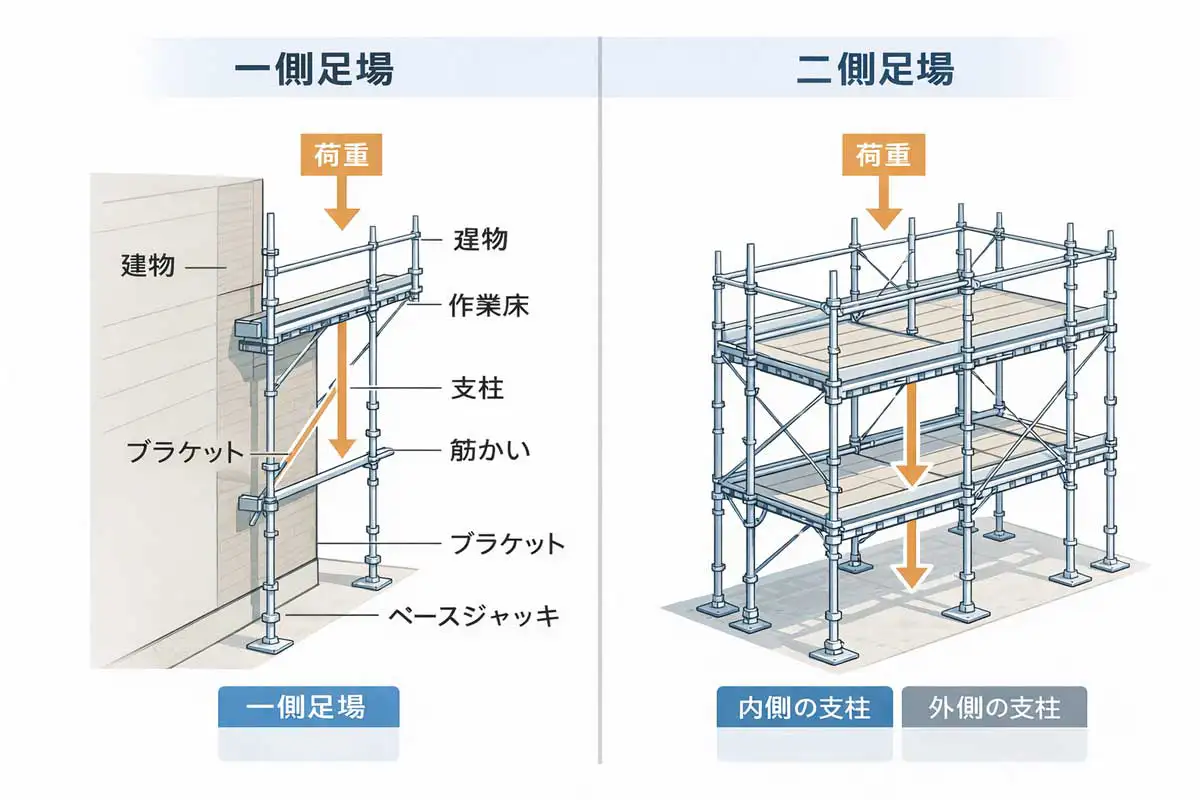 一側足場と二側足場の構造を比較した図解。支柱配置と荷重の伝わり方の違いを示した技術イラスト