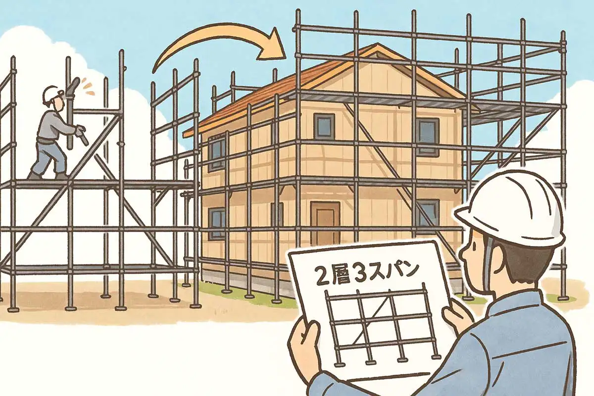 設計の壁つなぎピッチと異なる間引き施工が検査で発覚し、足場の全撤去・再組立となった現場を示すイラスト。検査官が図面を確認し、作業員が足場を解体している様子。