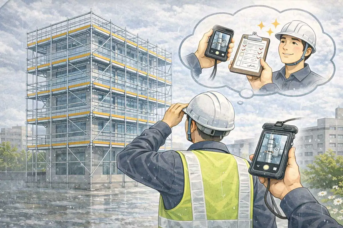 ビル全体を囲うクサビ足場を点検し、図面を確認しながら防水スマホで写真を撮影して記録を残す現場の様子