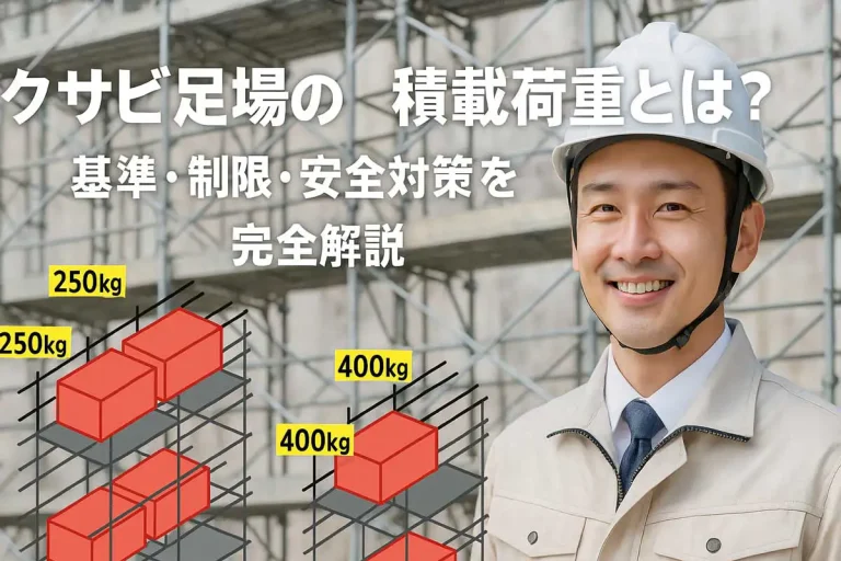 くさび緊結式足場の積載荷重を解説するためのアイキャッチ画像。背景に足場の構造図と作業員のイメージ写真が配置されている。