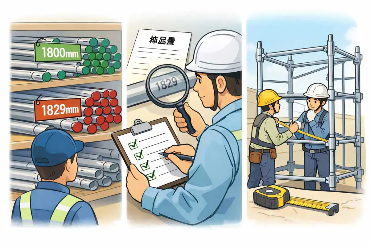 クサビ足場のセンチ規格1800mmとインチ規格1829mmが混在しないよう、倉庫識別・受入検査・現場実測の3工程で防止するイメージ
