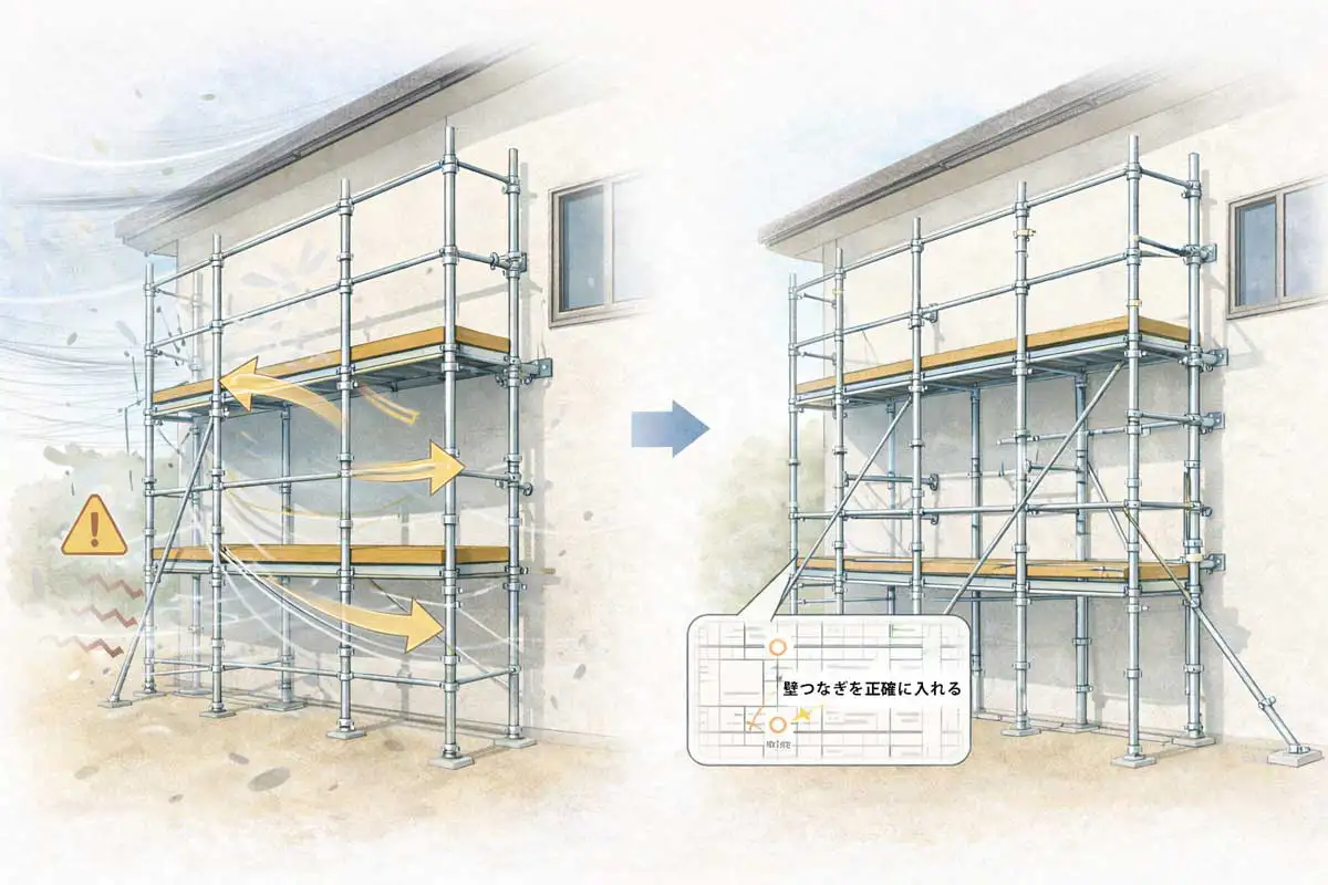 クサビ一側足場で壁つなぎが後追い施工となり不安定だった状態と、補強後に安定した状態を比較した図解イメージ