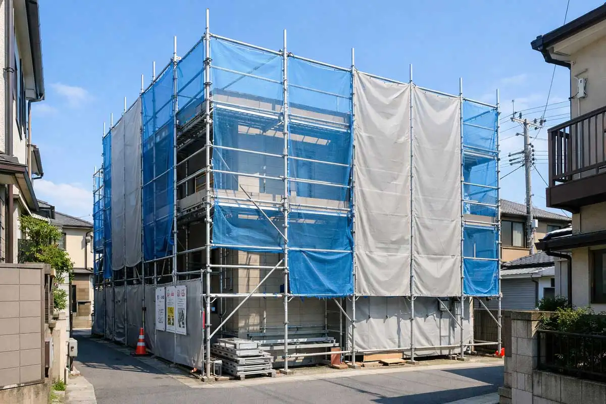 住宅街の狭小地に設置されたクサビ式足場。青色の安全ネットと養生シートが施工された日本の建設現場の例