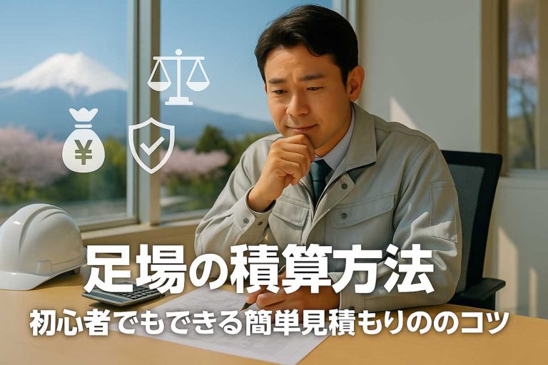足場の積算方法を考える現場監督がデスクで見積書をチェックしている様子。初心者向けに簡単にできる足場見積もりのコツを解説する記事のサムネイル画像。