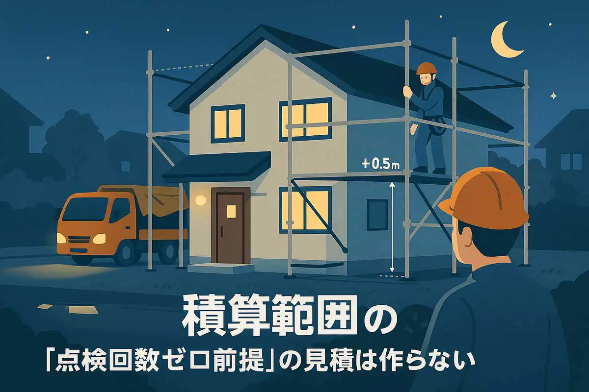 夜間作業が続いた足場工事の事例を描いたイラスト。2階建て住宅で作業員が足場を点検している様子と「点検回数ゼロ前提の見積は作らない」というメッセージを表現している。