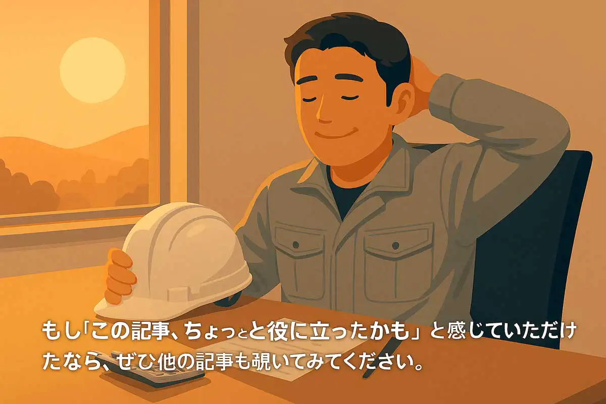 夕方のオフィスで作業を終えてホッと一息つく作業員のイラスト。積算作業を終えた安心感と達成感を表すイメージ。