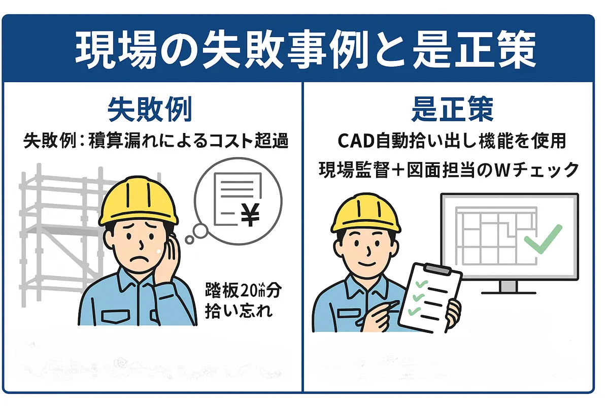 クサビ足場の現場における失敗事例と是正策を解説する図解イラスト