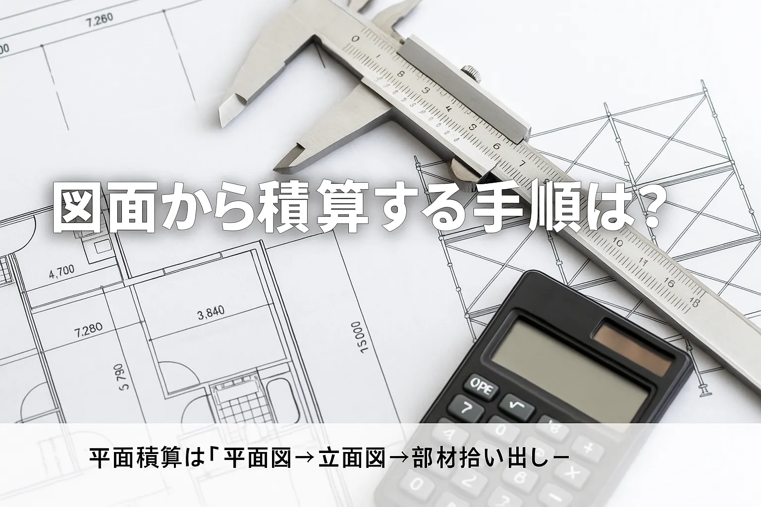 クサビ足場の図面から積算する手順を示すイメージ（平面図・立面図・電卓を用いた計算）