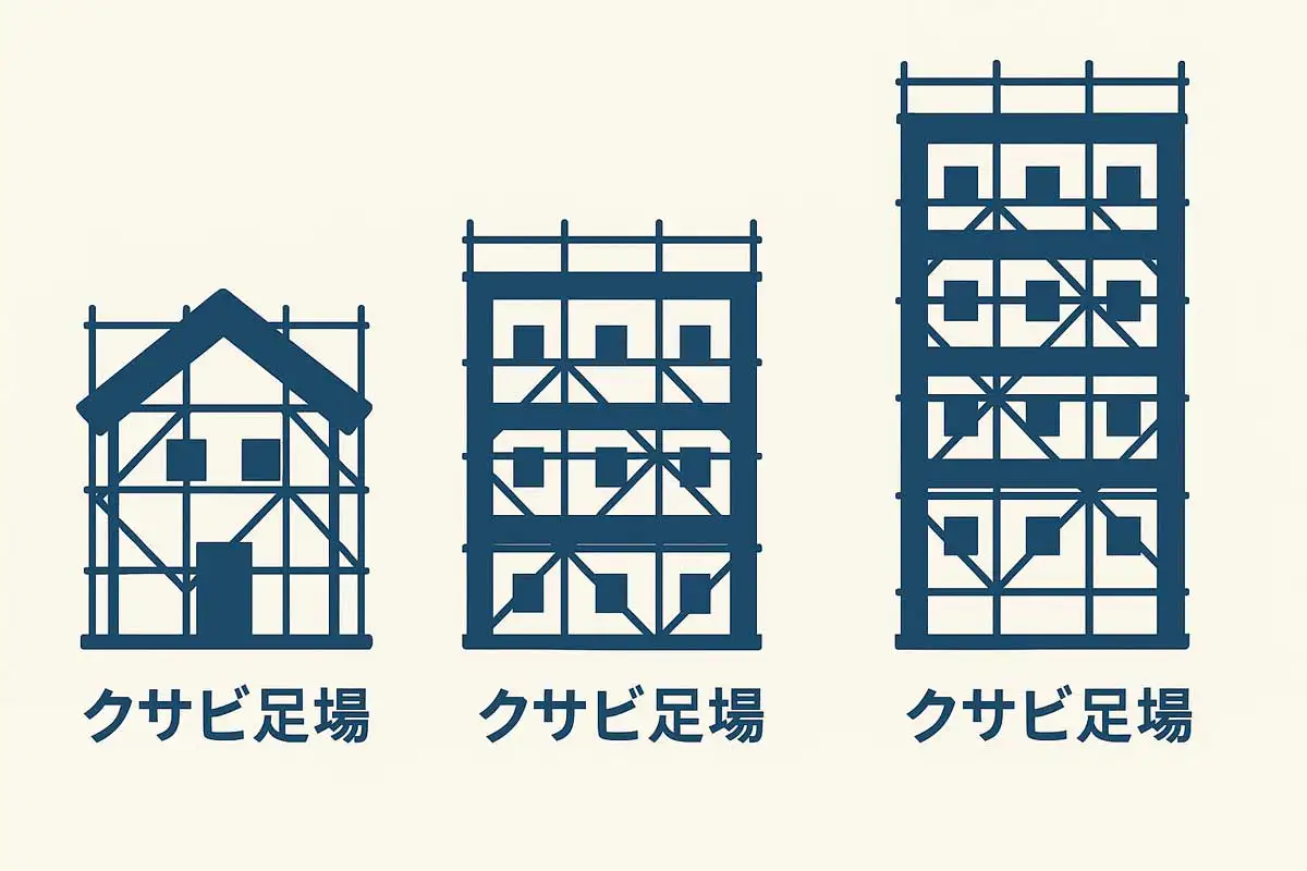 クサビ式足場の適用範囲を示した図解。左から木造2階建て、RC造3階建て、S造5階建てにクサビ足場をかけたシルエットを並べて比較した構成。