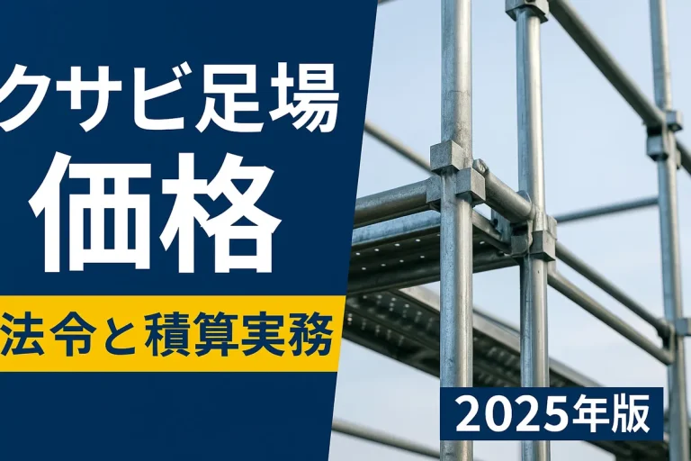 くさび足場の価格と積算実務を解説する2025年版サムネイル画像（外部足場のクサビ緊結部の写真付き）