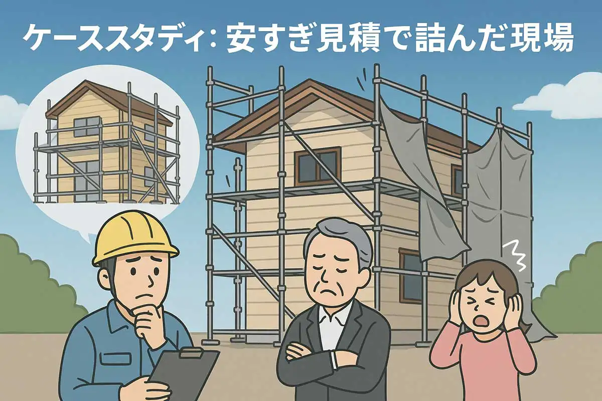 安すぎる足場見積で発生した失敗事例を描いたイラスト。木造住宅に組まれた不十分な足場と、困惑する監督・元請・施主の様子を表現。