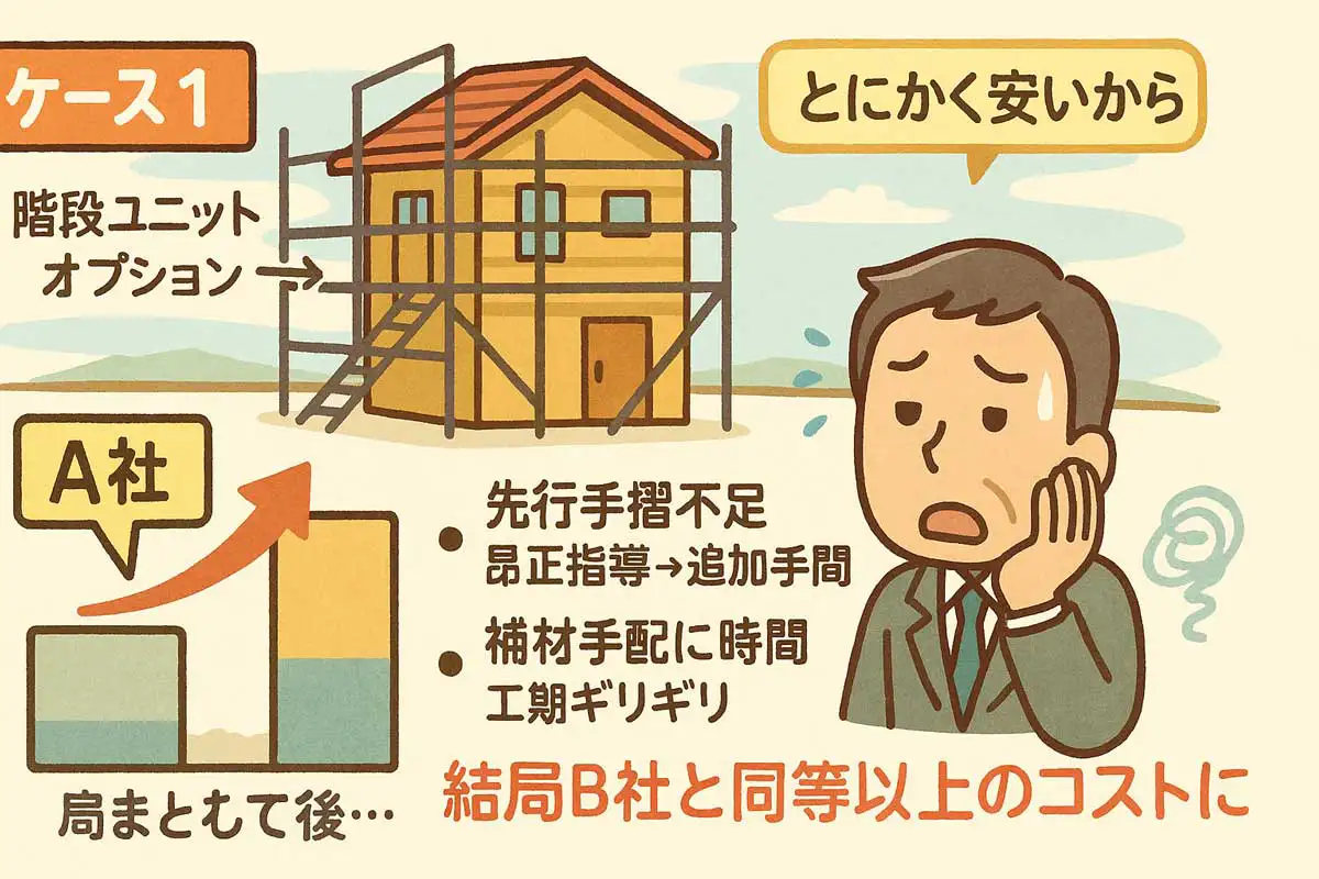 安い旧タイプ足場を選んだ結果、先行手摺不足や是正指導で追加手間が発生し、最終的に高コストになったケースを示すイラスト