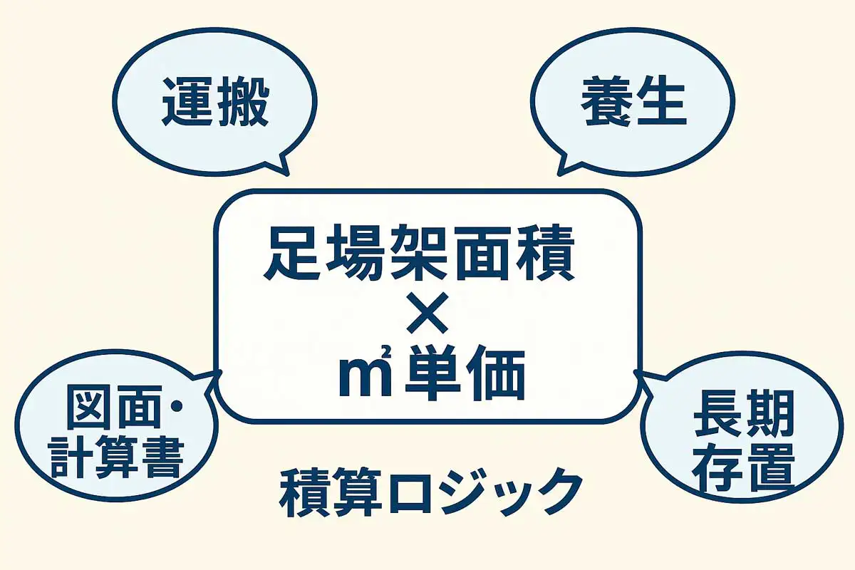 足場架面積×㎡単価を中心に、運搬・養生・長期存置・図面計算書といった費目を周囲に配置した積算ロジックの図解。
