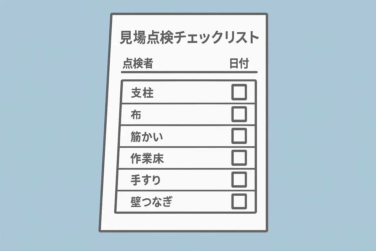 足場点検チェックリストのイメージイラスト。支柱・布・筋かい・作業床・手すり・壁つなぎの点検欄と、点検者名・日付欄を備えたA4縦型のチェックリスト。