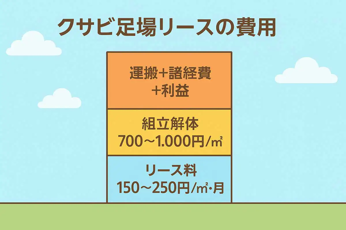 クサビ足場リース費用の構造を示した図解（リース料・組立解体費・運搬と諸経費と利益の3層）