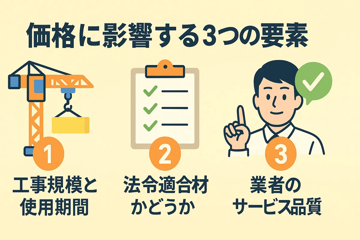 クサビ足場リース価格に影響する3つの要素（工事規模・法令適合性・業者品質）を表したイラスト図解