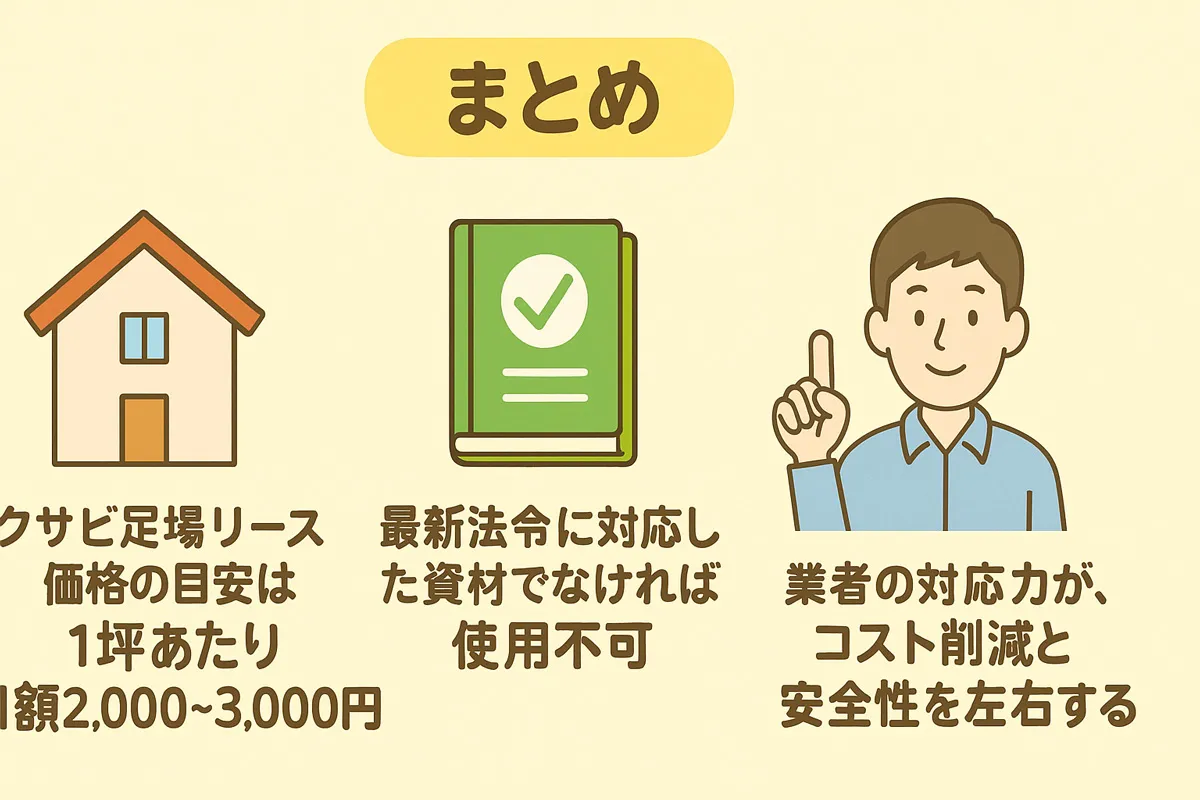 クサビ足場リース価格のまとめ要点を図解したイラスト（坪単価の目安・法令適合・業者の対応品質）