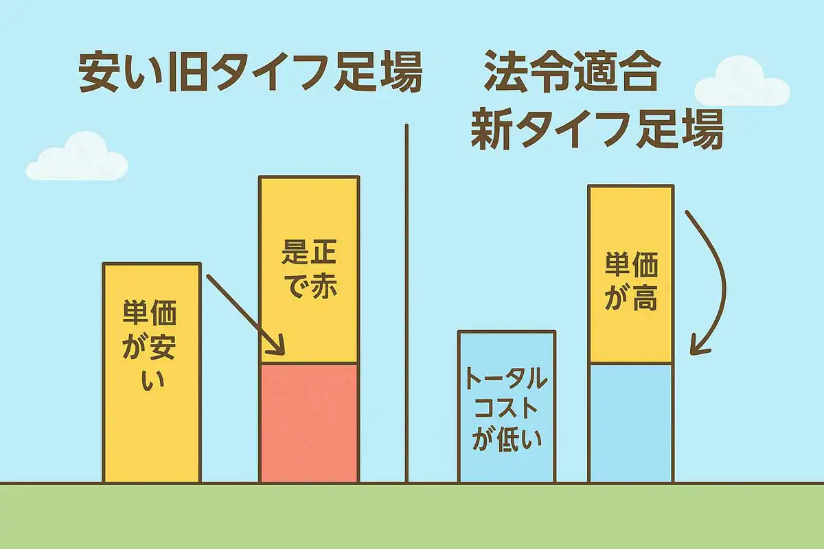旧タイプ足場と法令適合の新タイプ足場を比較した図解。単価は安いが是正で赤字になる旧タイプと、単価は高いがトータルコストが低い新タイプの違いを表したイラスト
