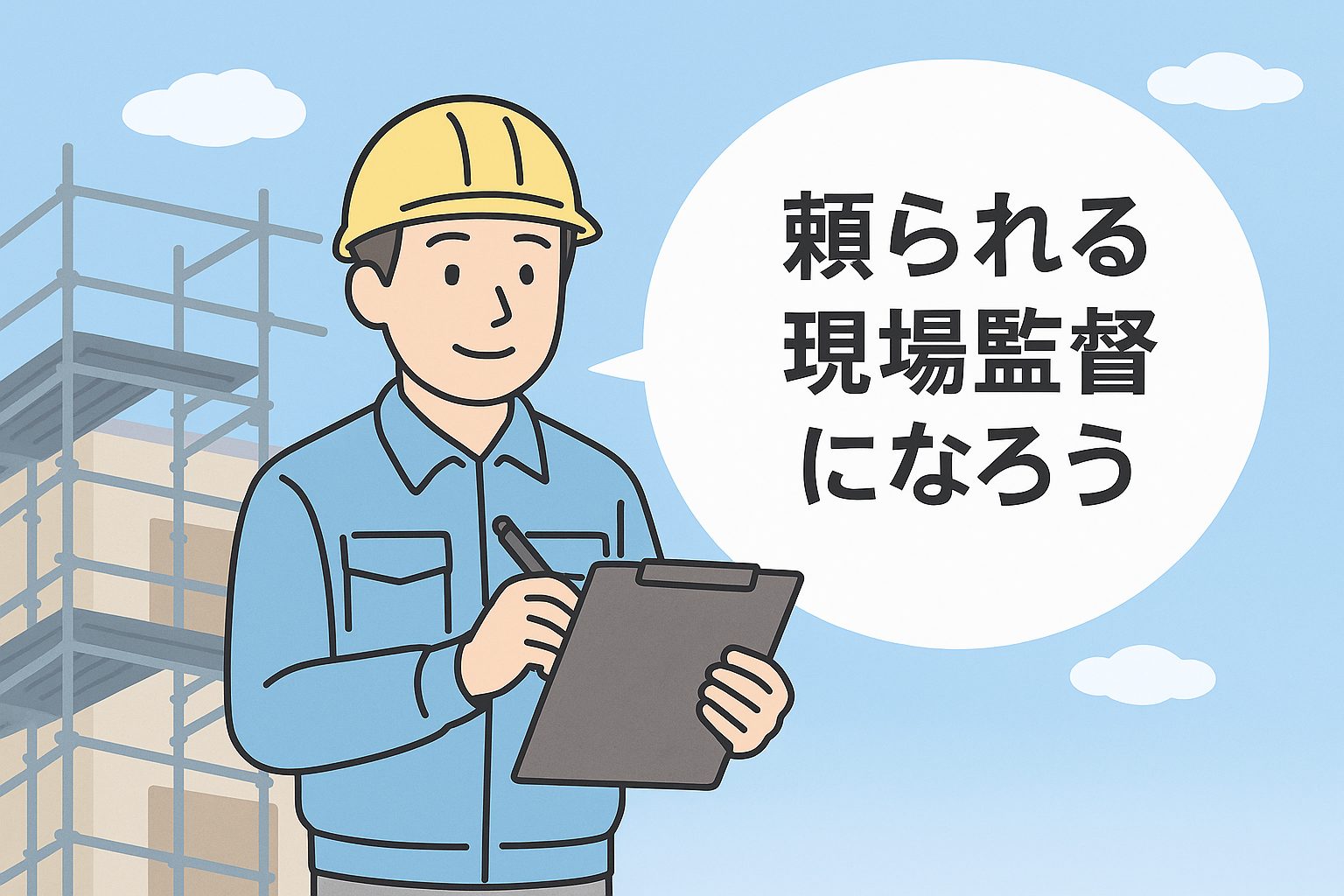 頼られる現場監督をイメージしたイラスト。ヘルメットを着用した監督がクリップボードを持ち、足場現場を背景に笑顔で記録している様子。