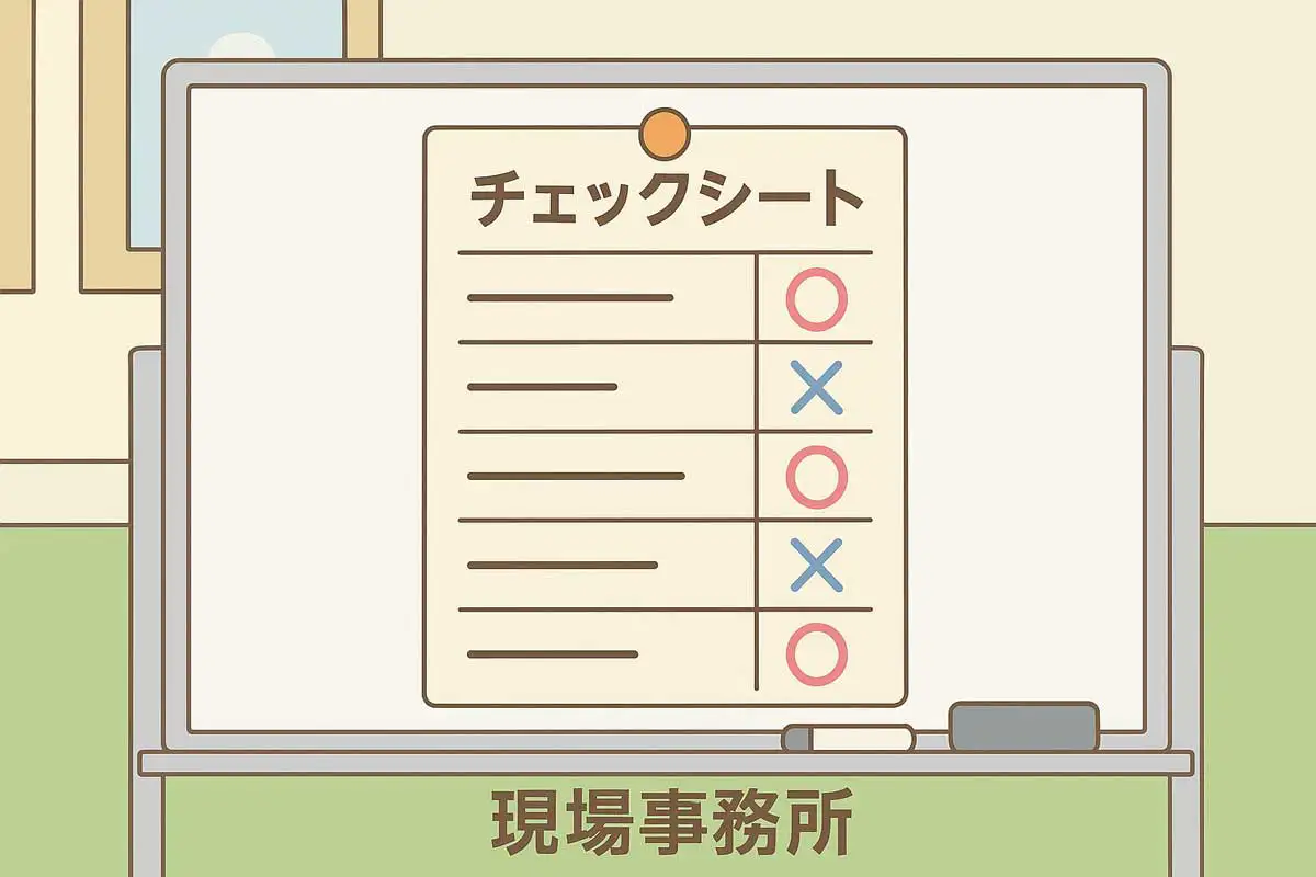 クサビ足場の点検項目を○×で整理したチェックシートが現場事務所のホワイトボードに貼られているイラスト