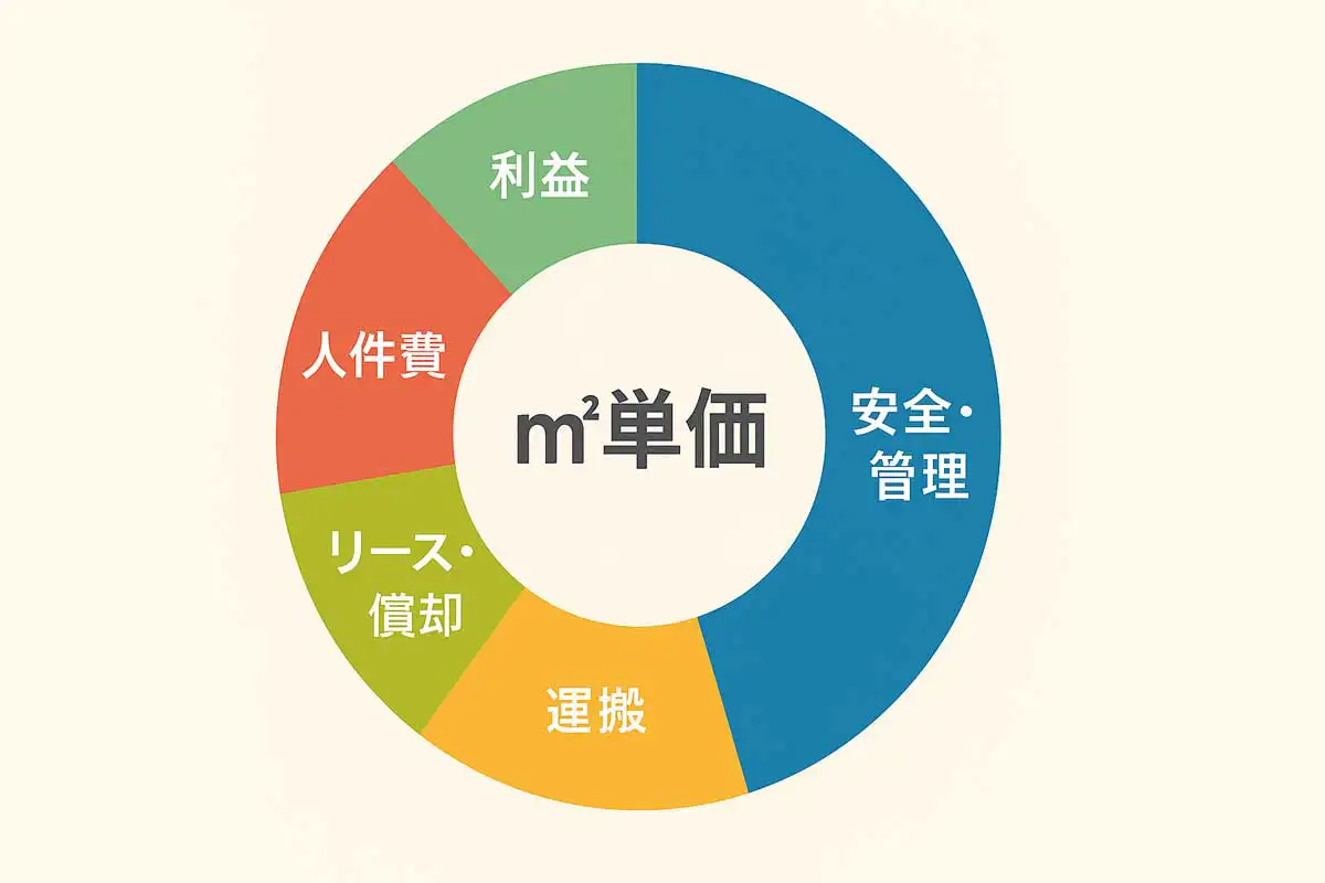足場工事の㎡単価を構成する要素を示した円グラフ。人件費、リース・償却、運搬、安全・管理、利益の5区分で構成し、安全・管理部分を強調した図解。