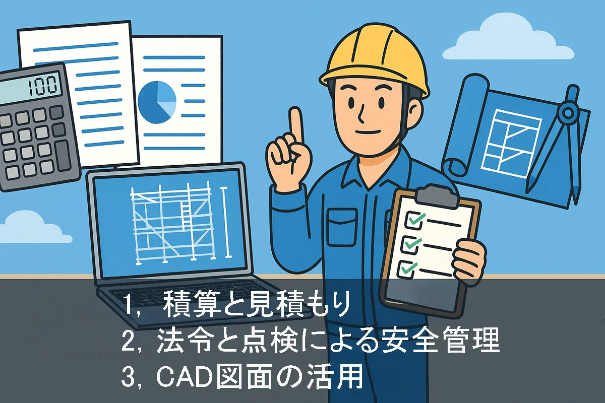 クサビ足場の実務ポイント｜法令遵守・正しい見積もり・CAD図面活用を解説するイラスト