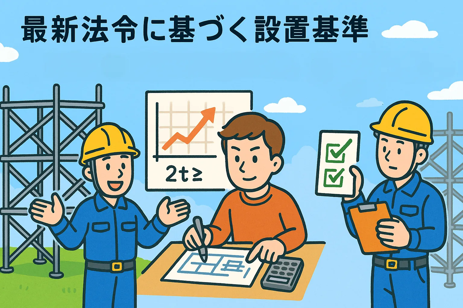 クサビ足場の安全管理ポイントを示すイラスト｜最新法令・強度計算・日常点検の徹底