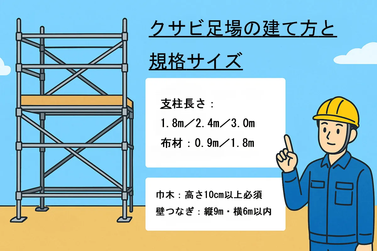 クサビ足場の規格サイズと設置基準を図解｜支柱長さ・布材寸法・作業床幅・巾木高さなど最新法令対応
