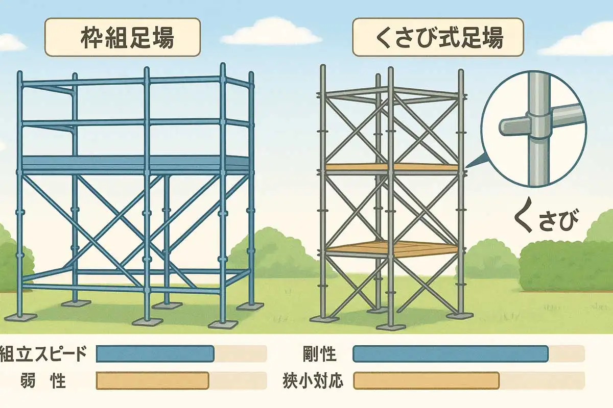 枠組足場とくさび式足場の違いを比較した図解。組立スピード・剛性・狭小対応の違いを示し、くさび構造の拡大図も掲載している。