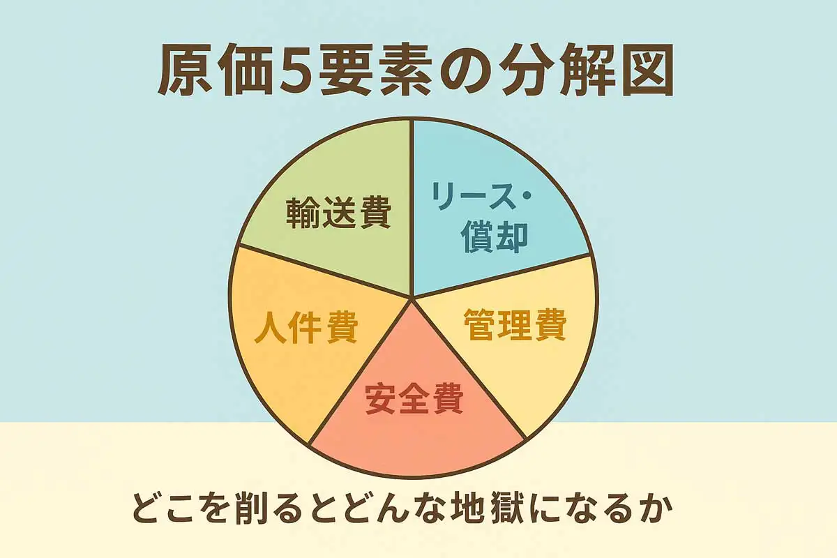 くさび式足場の原価構成を5要素に分解した図。人件費、輸送費、リース・償却、管理費、安全費の割合を円グラフで示した解説図。