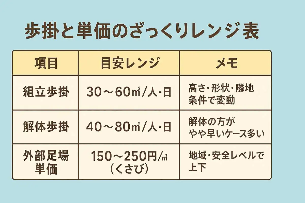 くさび式足場の歩掛と単価の目安レンジ表。組立30〜60㎡、解体40〜80㎡、外部足場単価150〜250円の基準をわかりやすく整理した図。