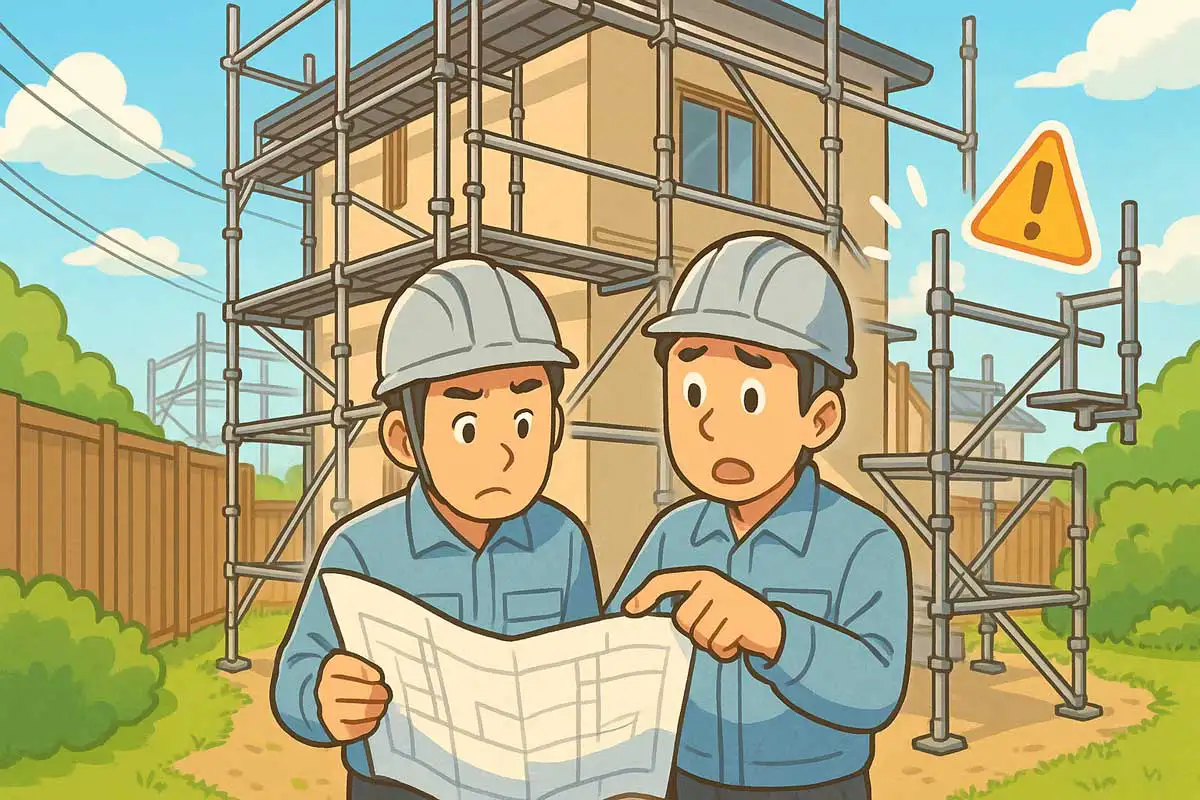 図面と現場の条件が合わず、足場建地がギリギリになって困惑する現場監督のイラスト(くさび式足場の追加足場・計画ミスのリスク)。