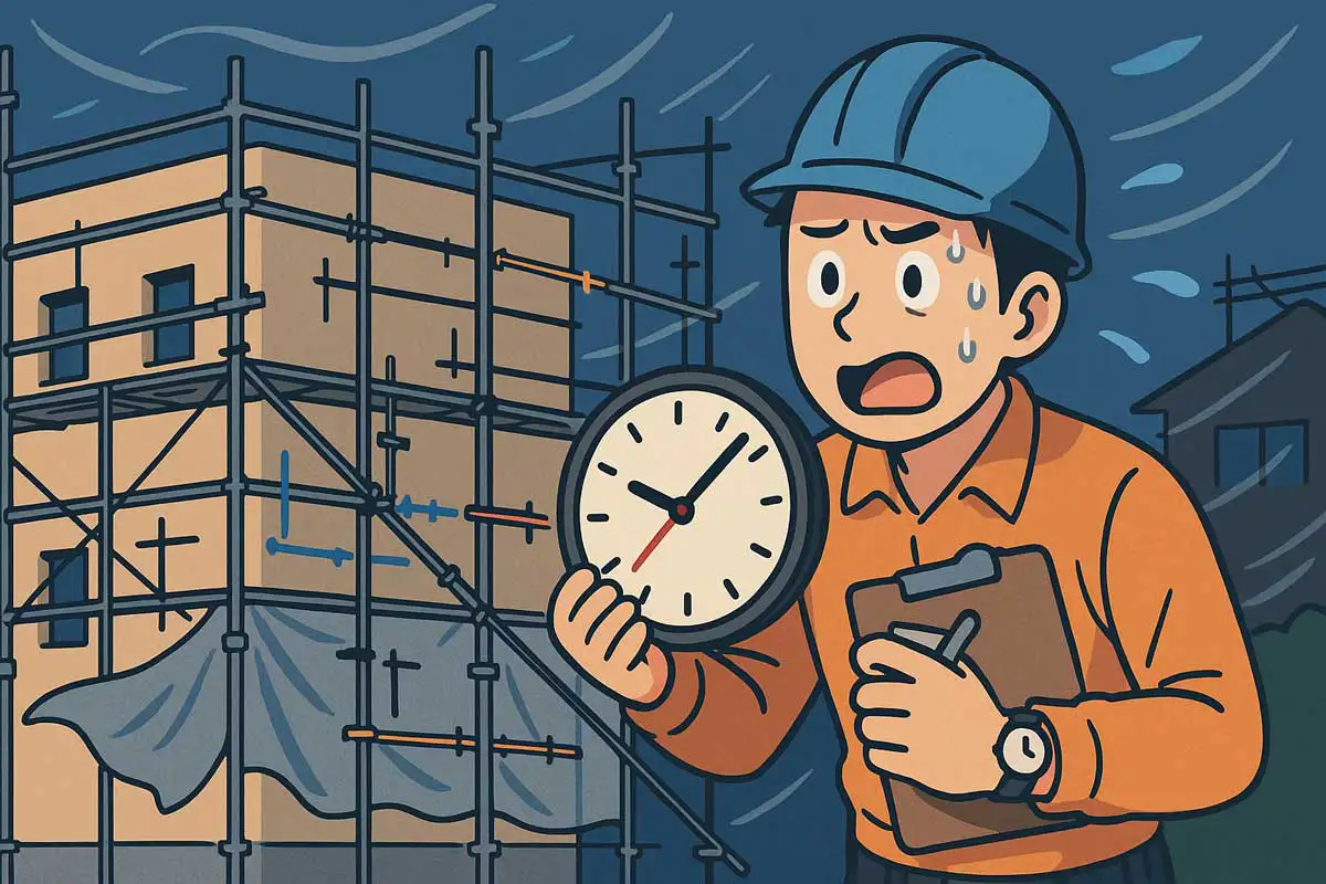 壁つなぎを後回しにした現場で強風が吹き、慌ててチェックする現場監督のイラスト(くさび式足場の安全リスクと計画の重要性)