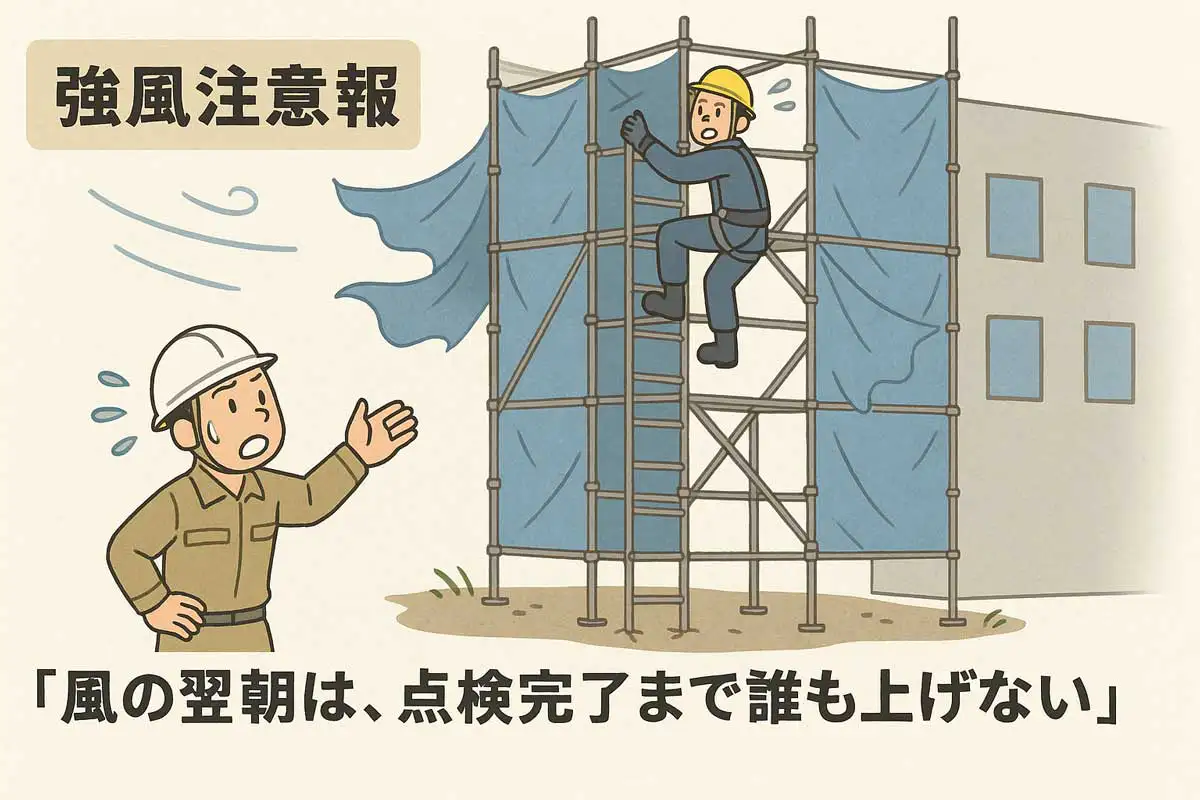 強風注意報の翌朝に足場へ上がろうとする作業員と、点検完了まで登らないよう指示する現場監督の安全イラスト(くさび式足場の点検ルール)
