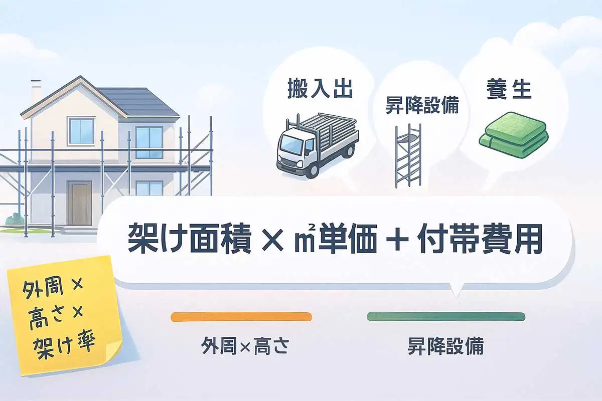 くさび式足場の積算基本式「架け面積 × ㎡単価 + 付帯費用」を視覚化した図。外周×高さ×架け率の説明、搬入出トラック、昇降設備、養生シートを示したイラスト。