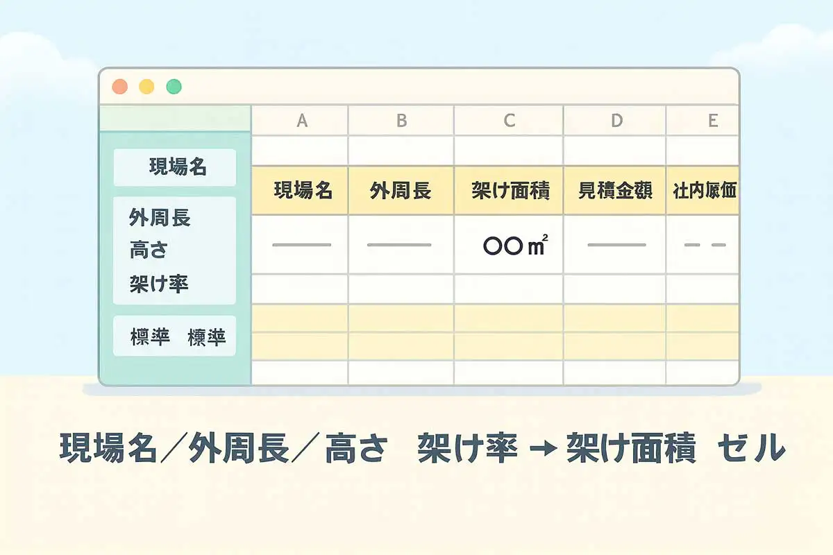 くさび式足場の積算Excelイメージ。現場名・外周長・高さ・架け率を入力し、自動で架け面積・見積金額・社内原価が計算される表の図解。