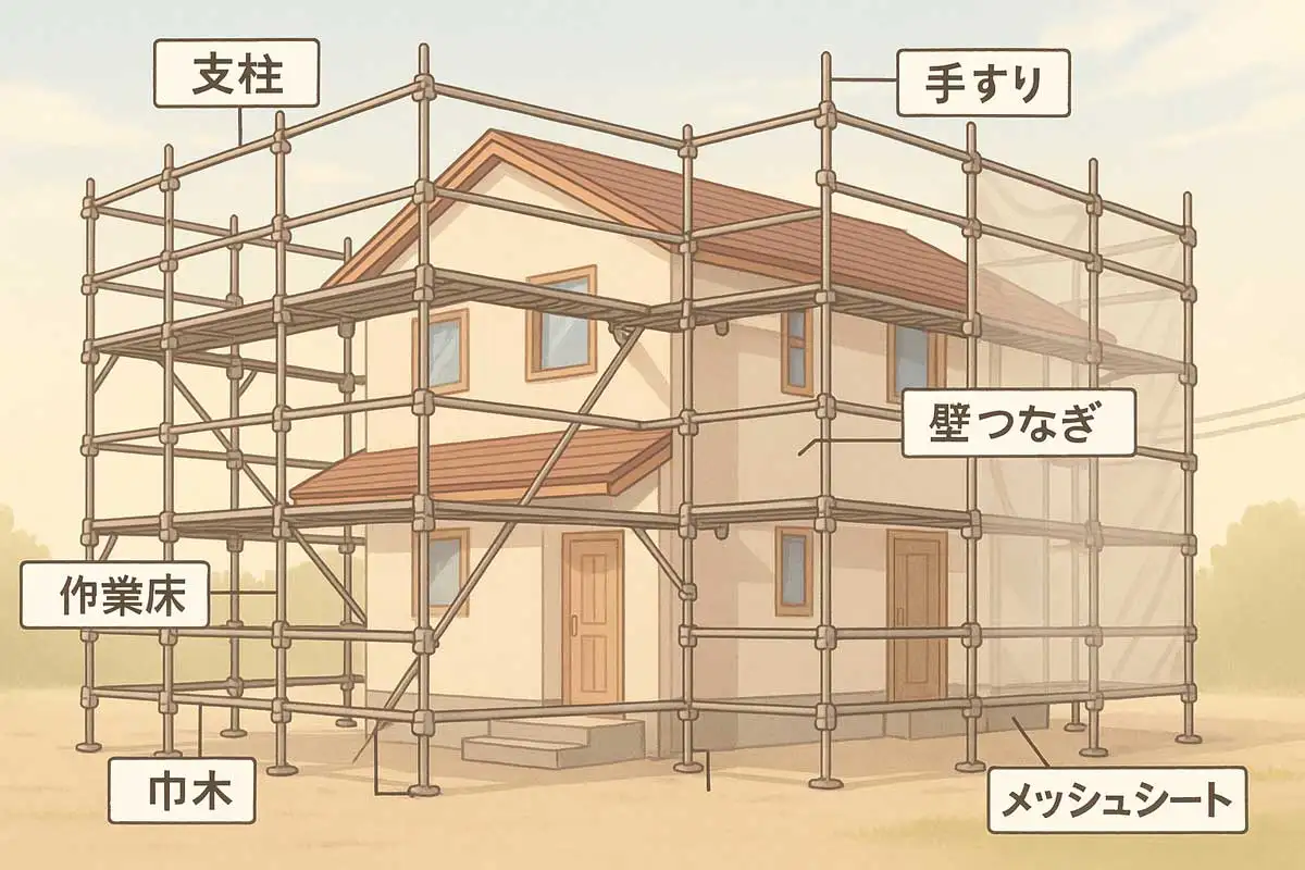 くさび式足場の全体図。支柱・布材・作業床・手すり・巾木・壁つなぎ・メッシュシートの位置関係を示した2階建て住宅の足場イメージ図。
