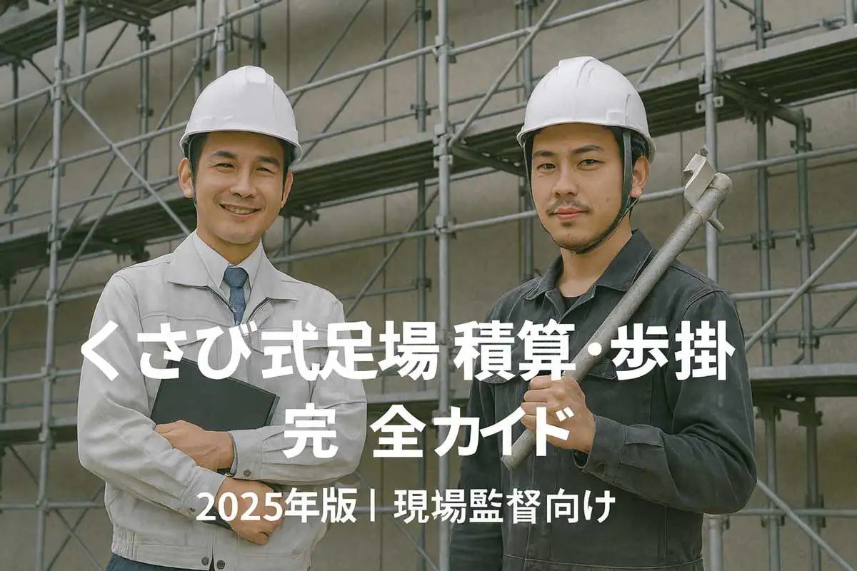 くさび式足場の前で微笑む現場監督と職人。積算・歩掛を解説する記事の2025年版サムネイル。