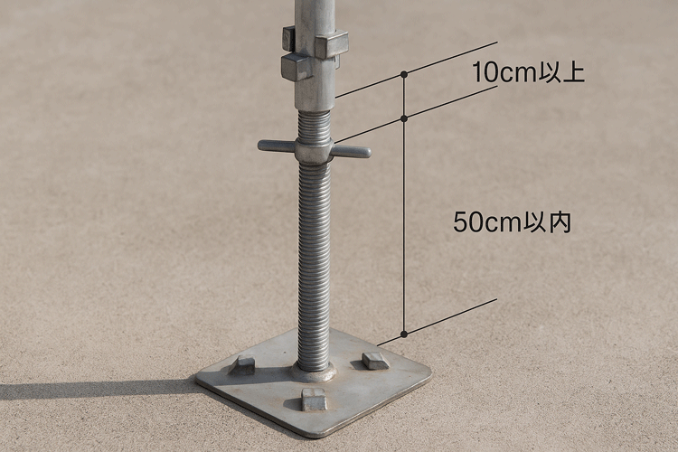 ジャッキベースに支柱を差し込み、高さを10cm以上・50cm以内に調整する様子の写真
