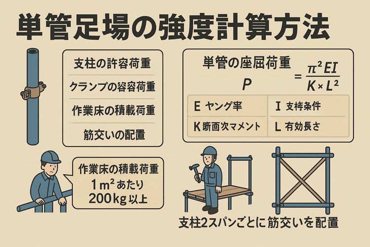 単管足場の強度計算方法を図解｜支柱の許容荷重・クランプ耐力・作業床荷重・筋交い配置の基本