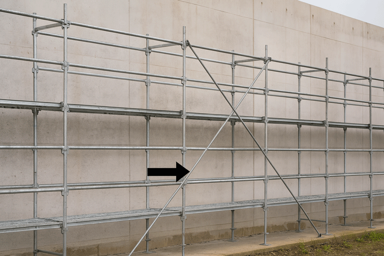 クサビ式足場の水平材と筋交いを取り付けて構造を補強している写真|クロス状の補強部材が見える