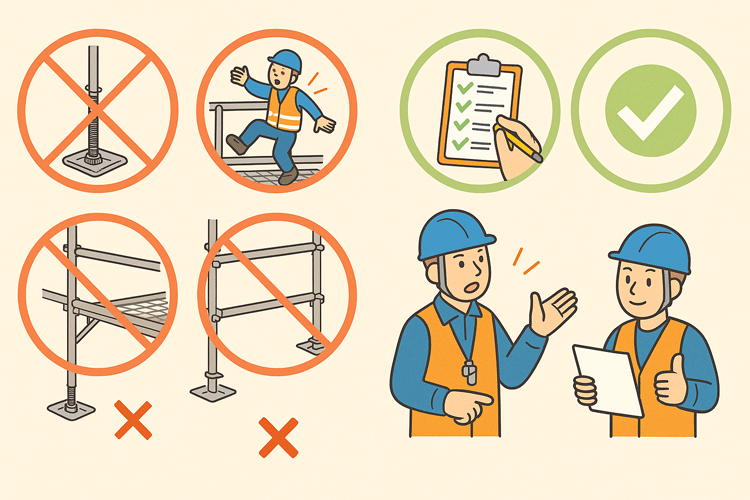 足場作業で起こりやすいミスと正しい対策を示すイラスト|不安定な設置や手すり未設置を避け、点検と報告を徹底する安全指導の場面