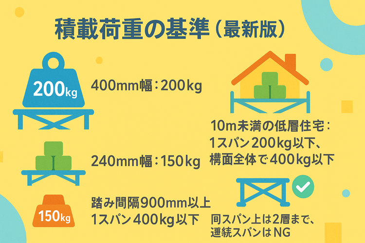 クサビ足場の積載荷重基準を示す図。400mm幅は200kg、240mm幅は150kg、10m未満の低層住宅では1スパン200kg以下、構面全体で400kg以下と定められている。