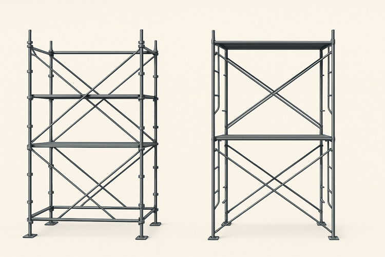 クサビ足場（左）と枠組足場（右）の構造比較画像｜部材の形状と接続方式の違いをわかりやすく解説