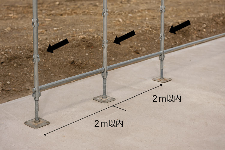 支柱を2m以内の間隔で垂直に設置し、根がらみ材を通して固定している様子