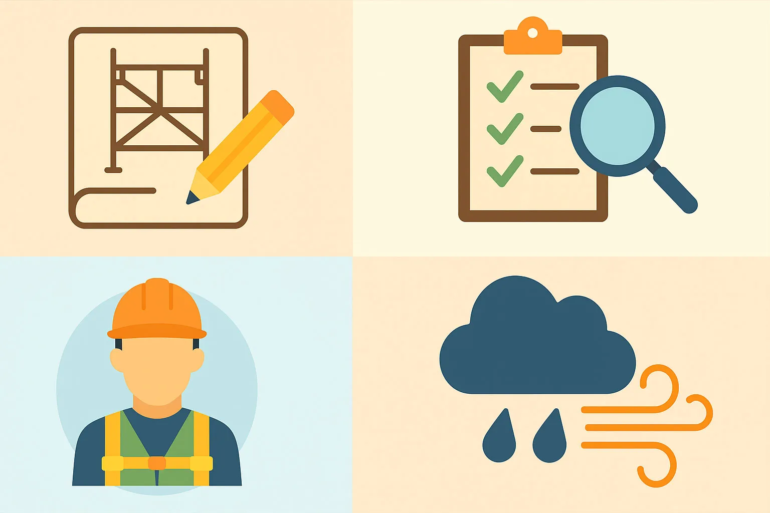 足場計画図・チェックリスト・安全装備・風雨対策を表すイラスト｜仮設工事の安全管理と天候リスク対応のイメージ